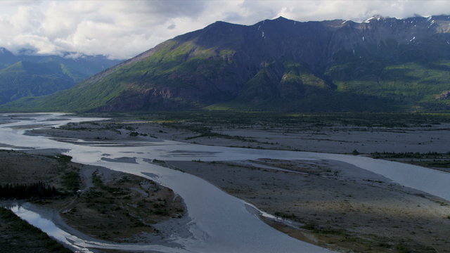 Aerial view of wilderness river glacial melt water, Alaska