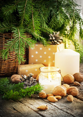 Vintage Christmas Card with Gifts and Candles