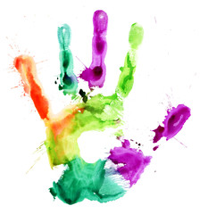Close up of colored hand print on white