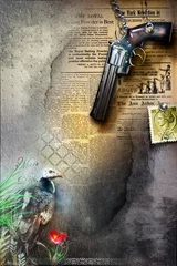 Raamstickers Background with revolver,stamp and gipsy © Rosario Rizzo