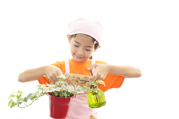 植物の世話をする女の子