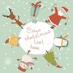 Christmas card with cartoon characters.