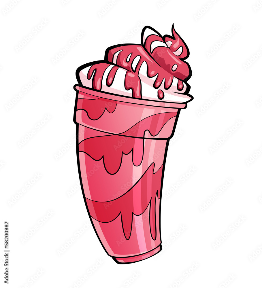 Fototapete Cartoon shiny strawberry or cherry milkshake with syrup and crea