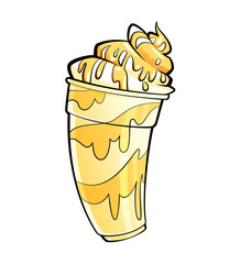 Cartoon shiny banana vanilla milkshake with syrup and cream