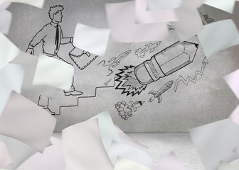 Sheets over grey wall with comic man and pencil rocket