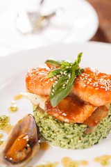 fish with rice and vegetables