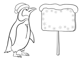 Penguin with Christmas poster, outline