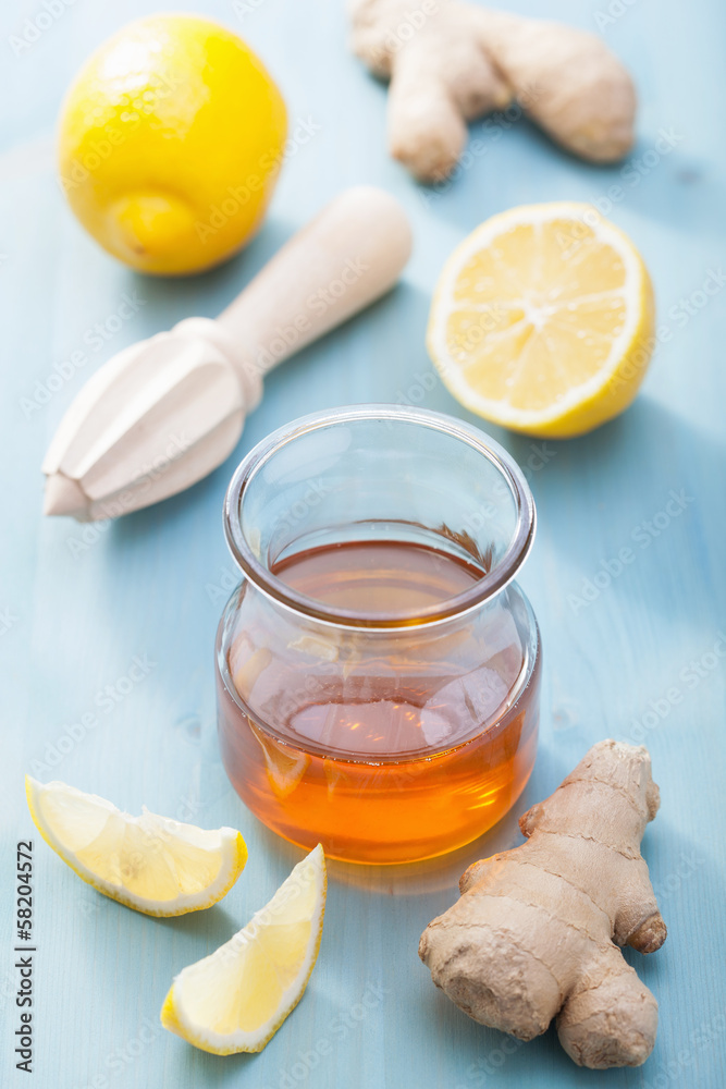 Poster honey ginger and lemon over blue background