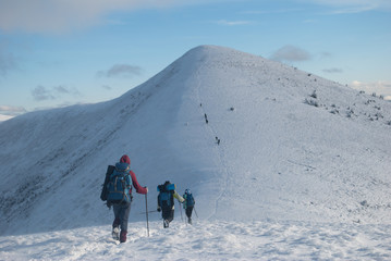 hikers in a winter mountain