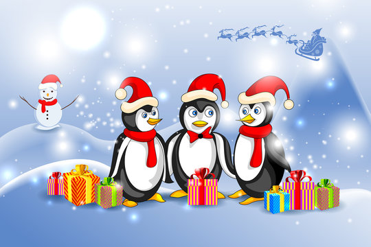 vector illustration of Penguin in Christmas Night