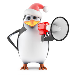 Penguin Santa yells through a loud hailer