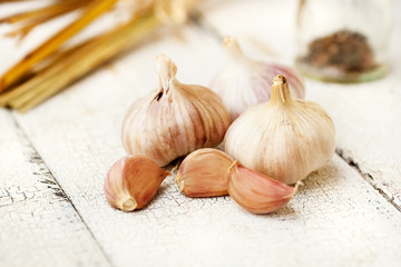 Homegrown garlic on vintage table