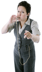 whistleblower, smartly dressed woman blowing a whistle
