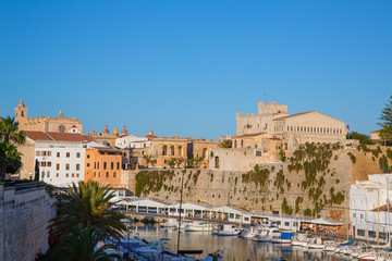 Fototapeta na wymiar Ciutadella Menorca Port town hall and cathedral