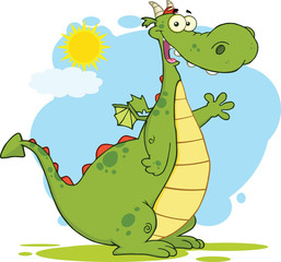 Green Dragon Cartoon Mascot Character Waving