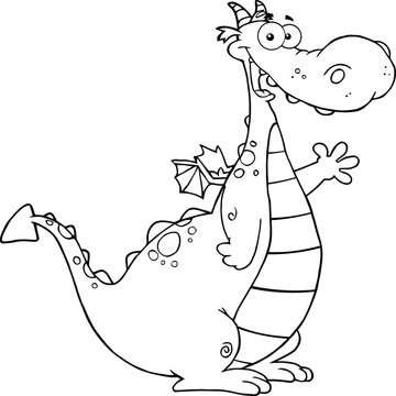 Black and White Dragon Cartoon Character Waving For Greeting