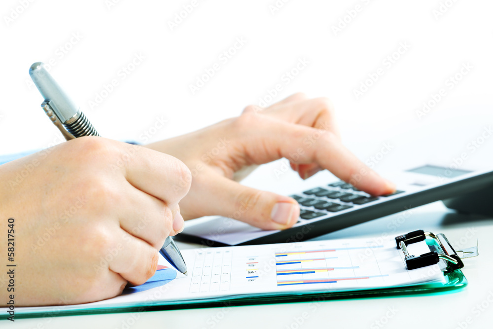 Poster hands with calculator.