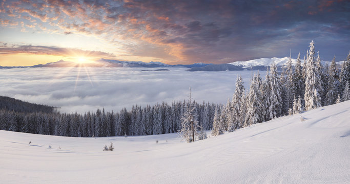 Beautiful winter mountains in the morning mist