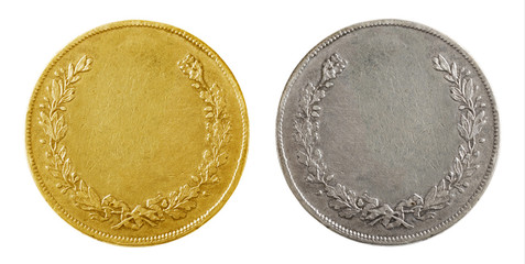 Old blank gold and silver coins - obrazy, fototapety, plakaty