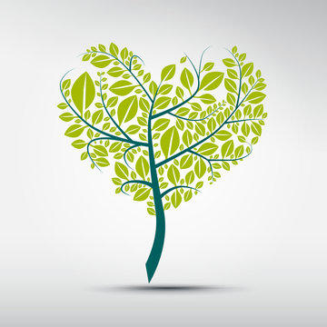 Abstract vector heart shaped green tree on grey background