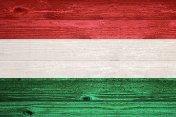 Hungary Flag painted on old wood plank background.