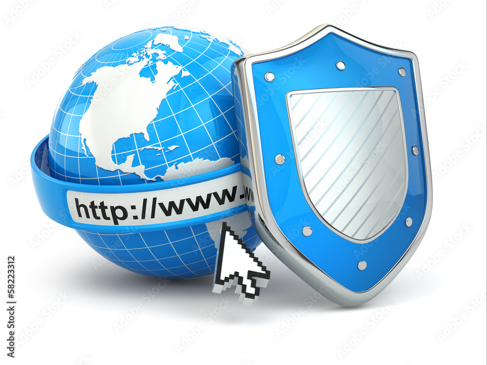 Poster Internet security. Earth, browser address line and shield.