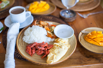 Healthy breakfast on the table close up in restaraunt resort