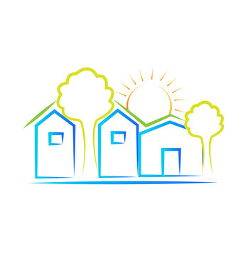 Houses tree and sun logo background vector