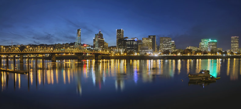 Portland Downtown with Hawthorne Bridge at Blue Hour
