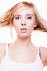 female face teen girl with long blond straight hair