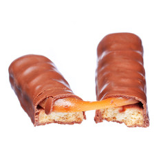 Chocolate Bar with Caramel isolated on white background. Closeup