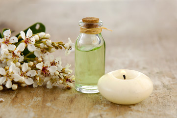 Obraz na płótnie Canvas Tropical spring flower, white candle, massage oil