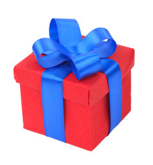 Red gift box with blue ribbon