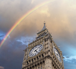 Rainbow over the Big Ben Tower in London, UK