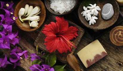 Tropical Spring flower with soap, salt in bowl ,candle,