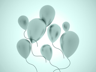 Many blue balloons fly