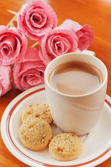 Hot Coffee, Cookie and Pink Flower