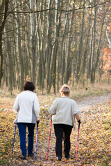 starsze kobiety uprawiające nordic walking, jesienny las