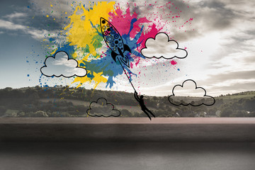 Rocket on splashes over landscape background