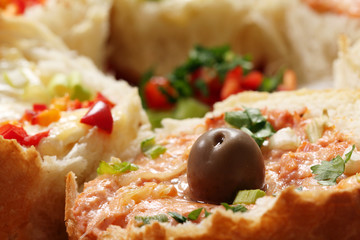 bread filled with cheese and vegetables food background