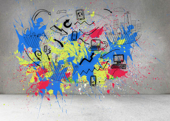 Colorful splashes on grey wall with graphics