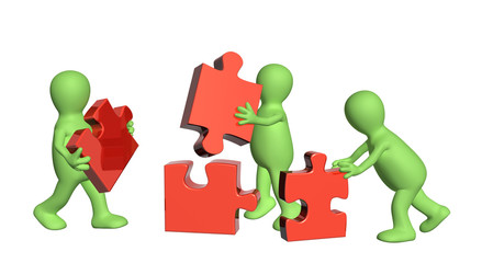 Three puppets with puzzles