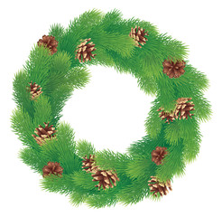 Fototapeta na wymiar Christmas wreath of pine branches with cones