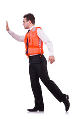 Man in life jacket isolated on white