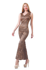 Female model in tiger clothing on white