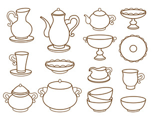 collection of porcelain tableware for tea (coloring book)