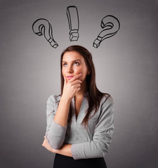 Young lady thinking with question marks overhead