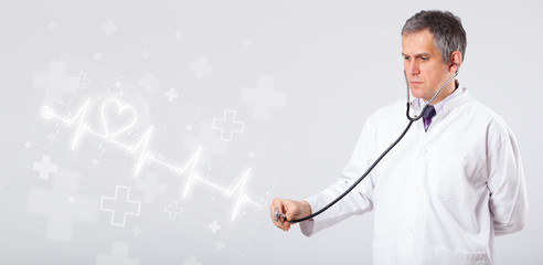 Doctor examinates heartbeat with abstract heart