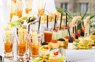 canape with meat vegetables and seafood