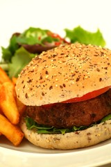 burger with fries and salad